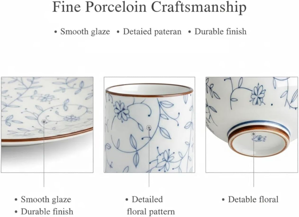 8pc Ceramic Dinnerware Set Plates Bowls Cups Blue Floral Dishwasher Safe