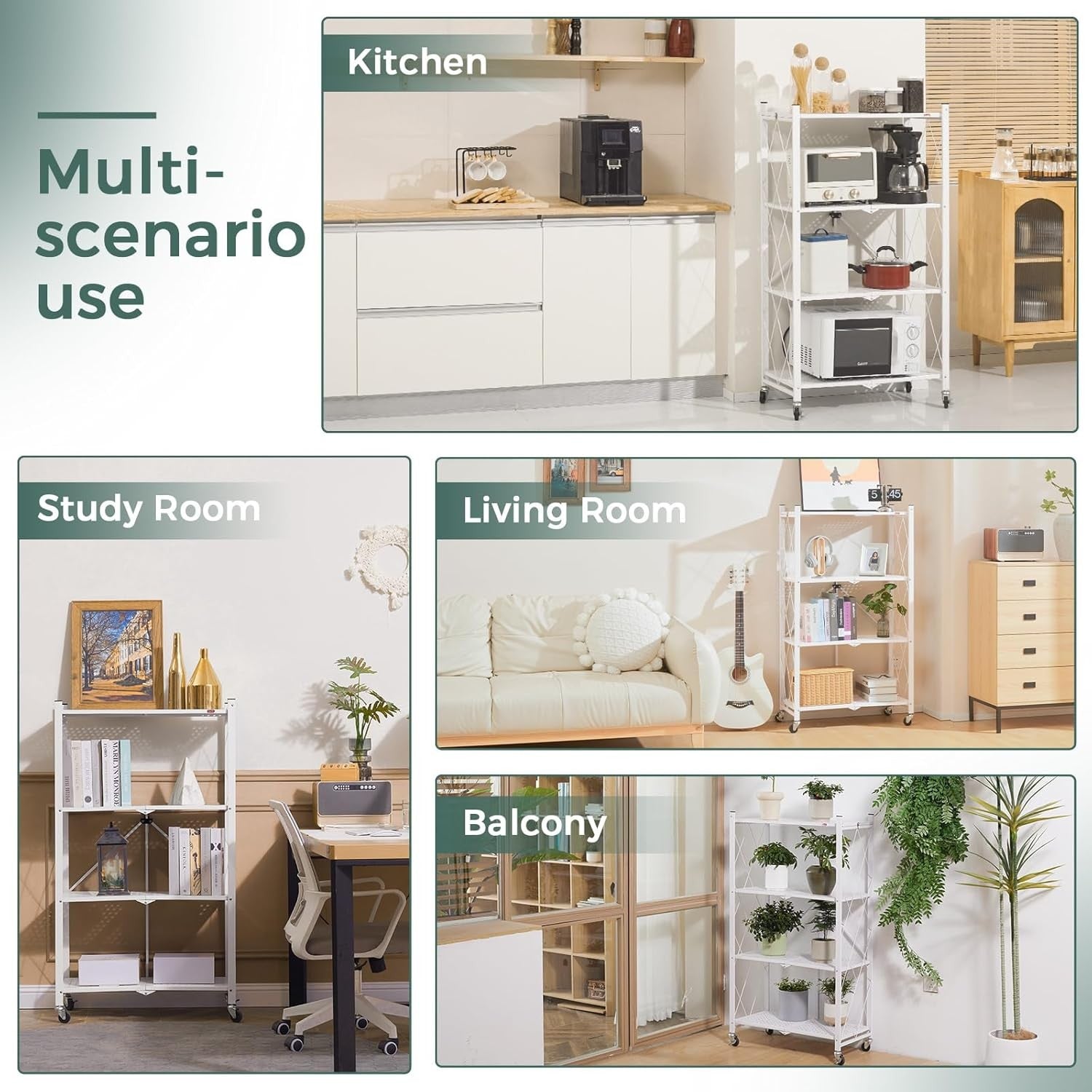 4 Tier Folding Storage Shelving Unit on Wheels Metal Rack Pantry Kitchen