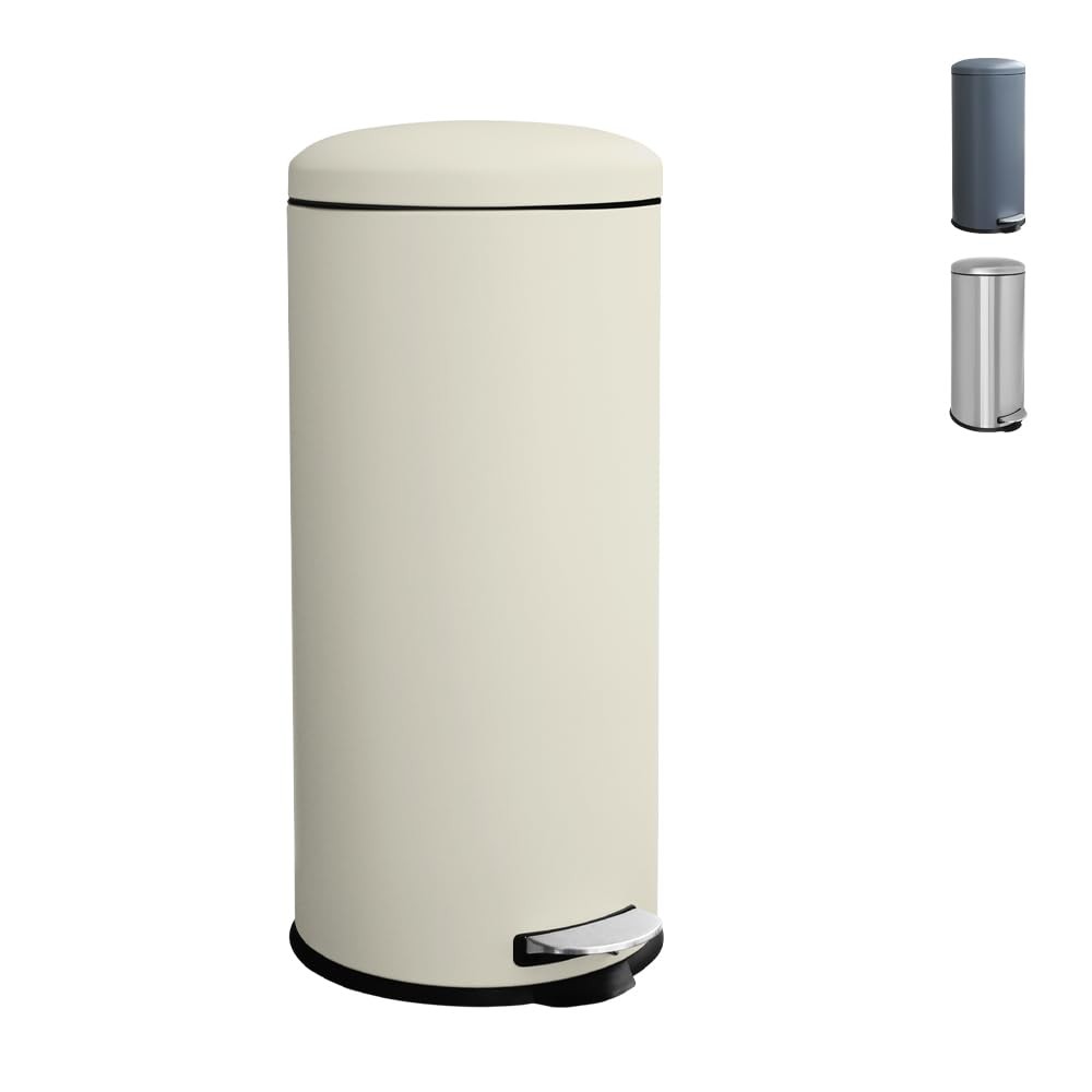 30L Round Stainless Steel Pedal Bin Soft Close Kitchen Cream