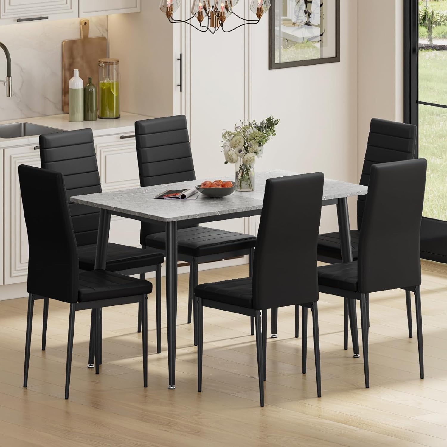 Modern 6-Seater Faux Marble Dining Table Set with High Back Chairs, 120cm
