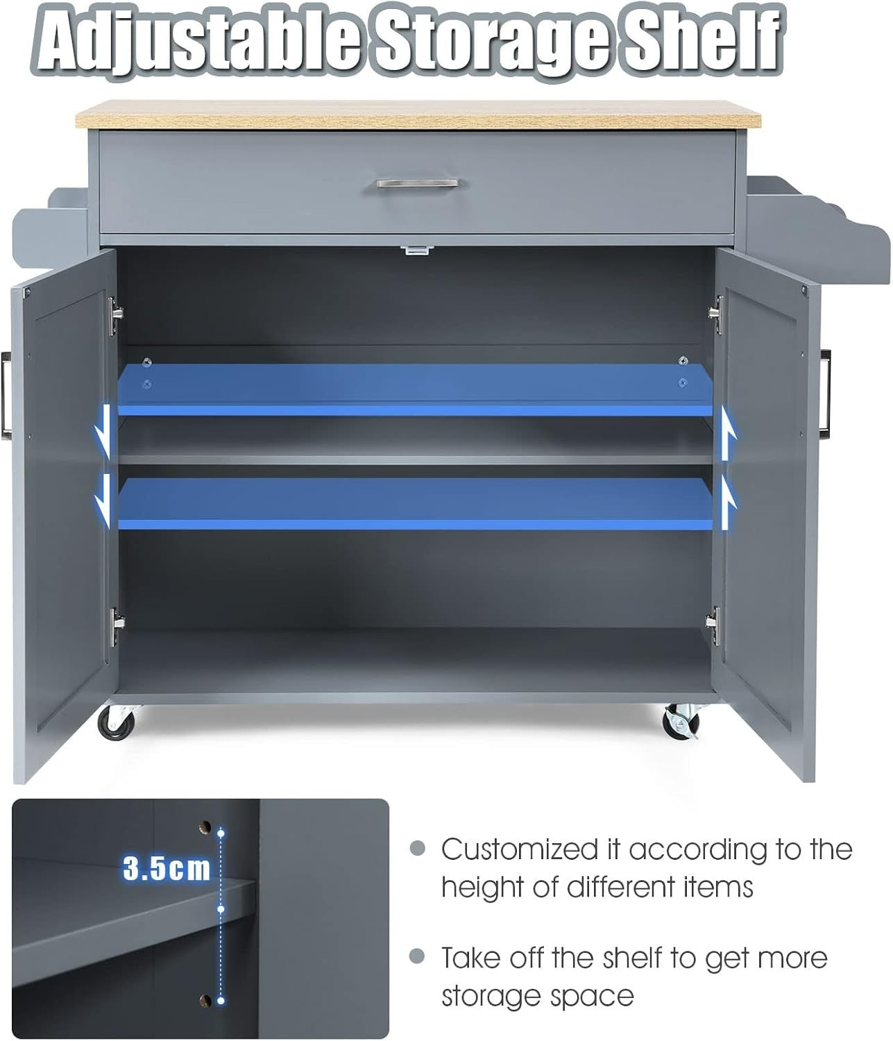 Rolling Kitchen Storage Cart with Adjustable Shelf, Drawer & Lockable Wheels