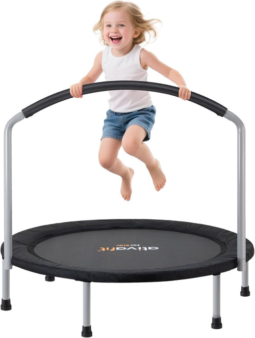 36” Foldable Toddler Mini Trampoline Quiet Indoor Outdoor w Foam Handle