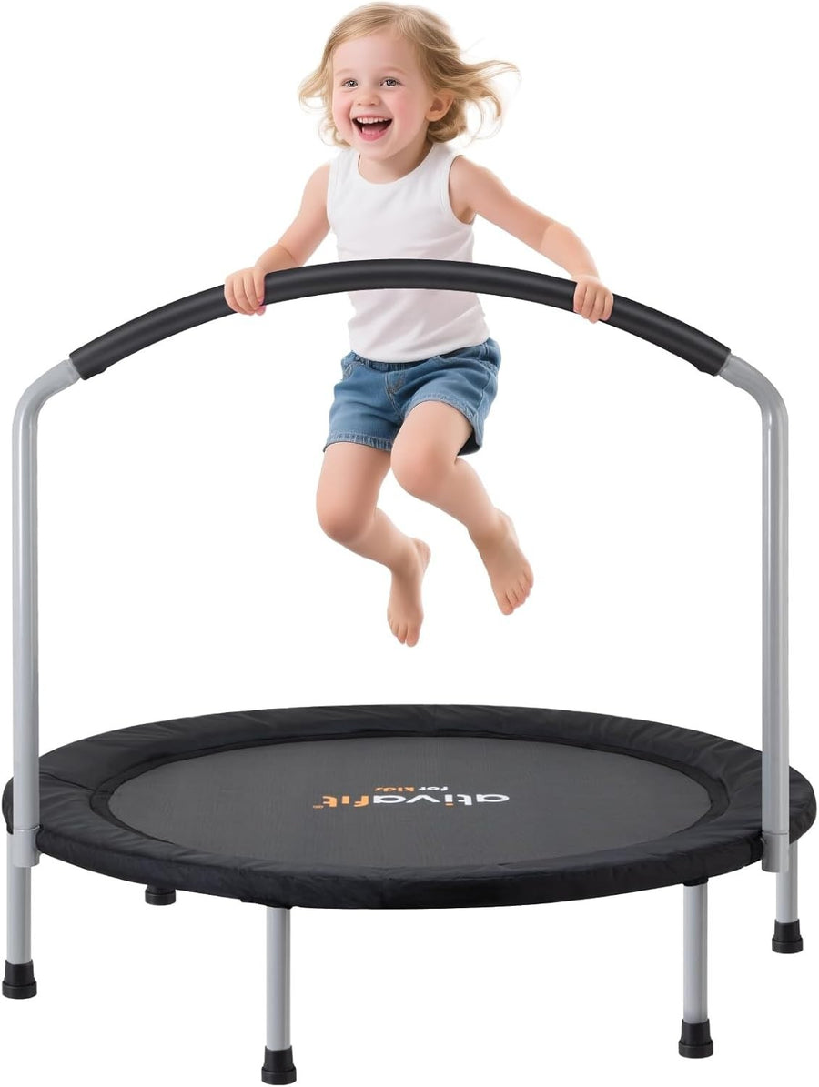 36” Foldable Toddler Mini Trampoline Quiet Indoor Outdoor w Foam Handle