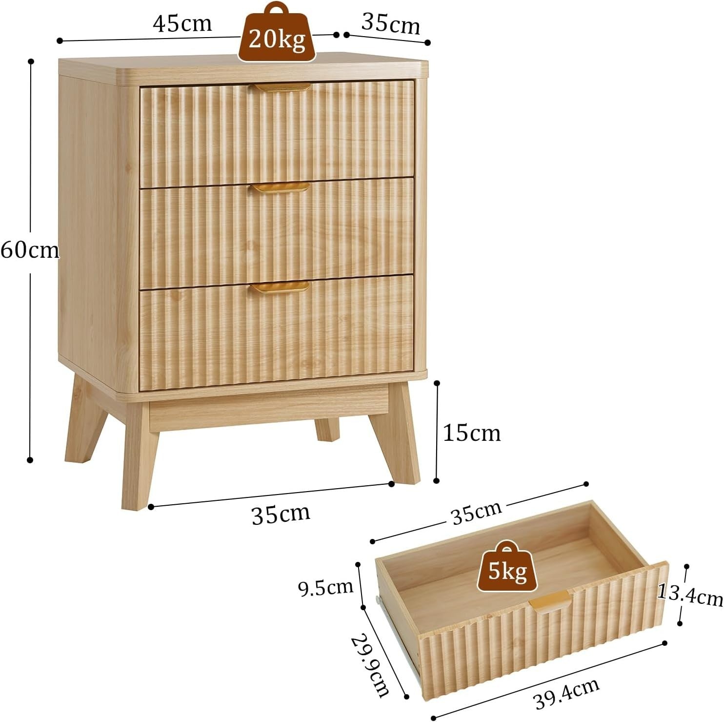 Wood Bedside Table with 3 Drawers Natural Nightstand for Bedroom & Living Room