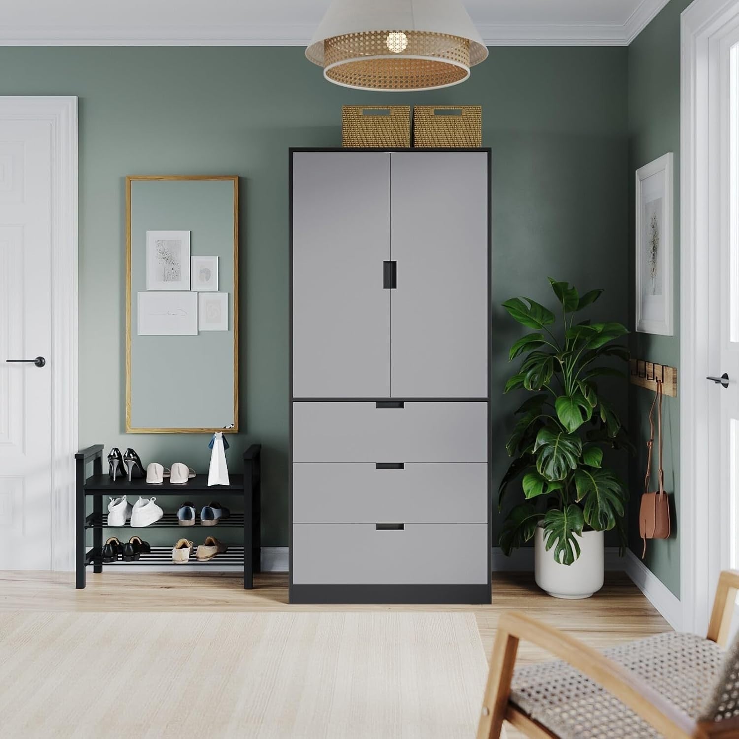 Grey 2 Door Wardrobe with Drawers & Hanging Rail Modern Storage Unit