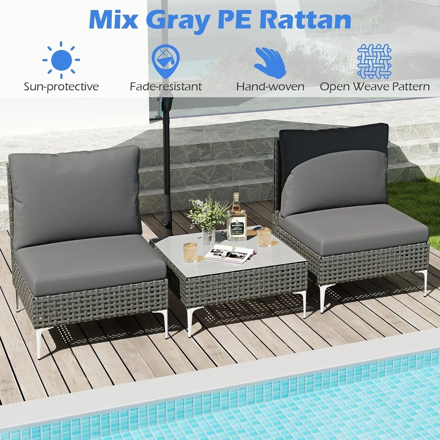 Outdoor Rattan Lounge Bistro Set 2 Cushioned Chairs Compact Coffee Table Patio