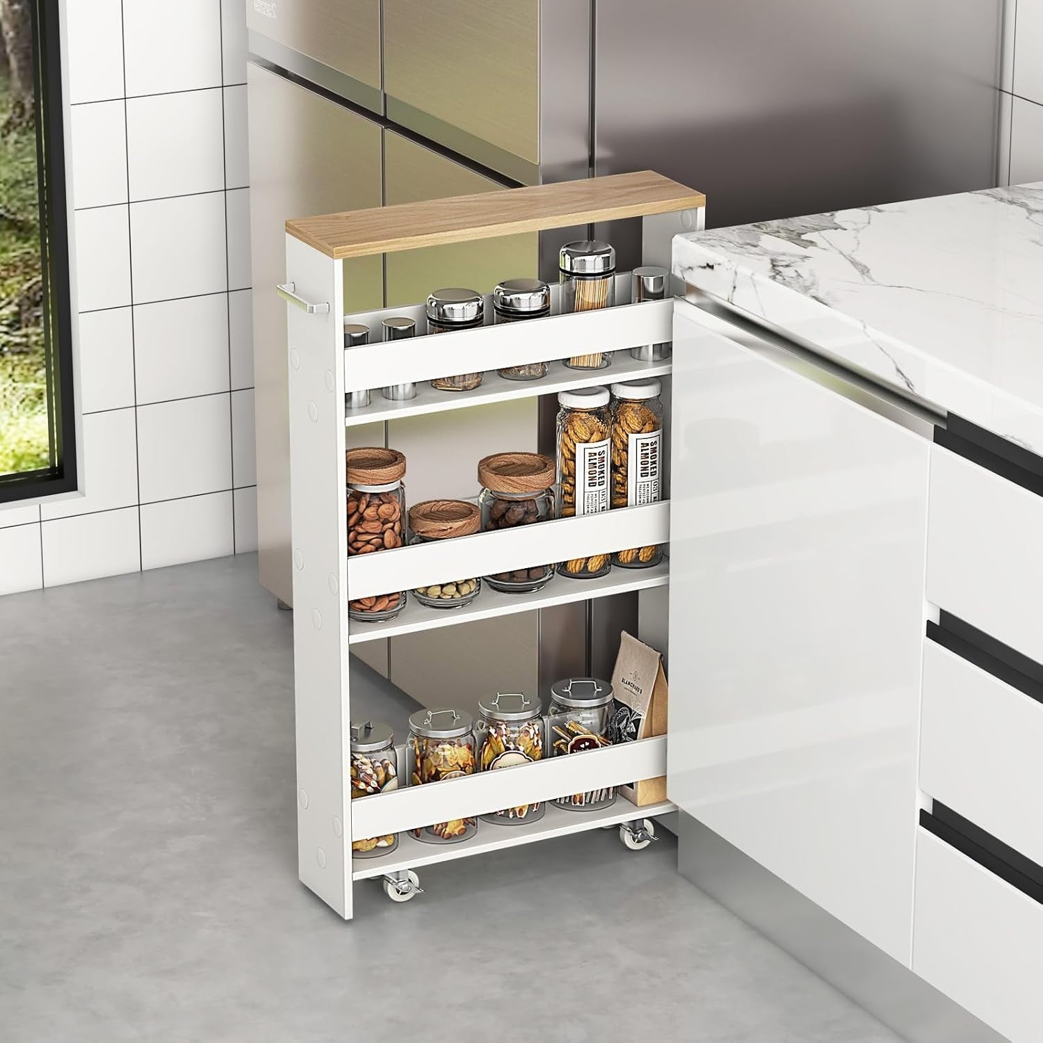 Slim 4 Tier Rolling Storage Trolley Narrow Kitchen Cart White Natural
