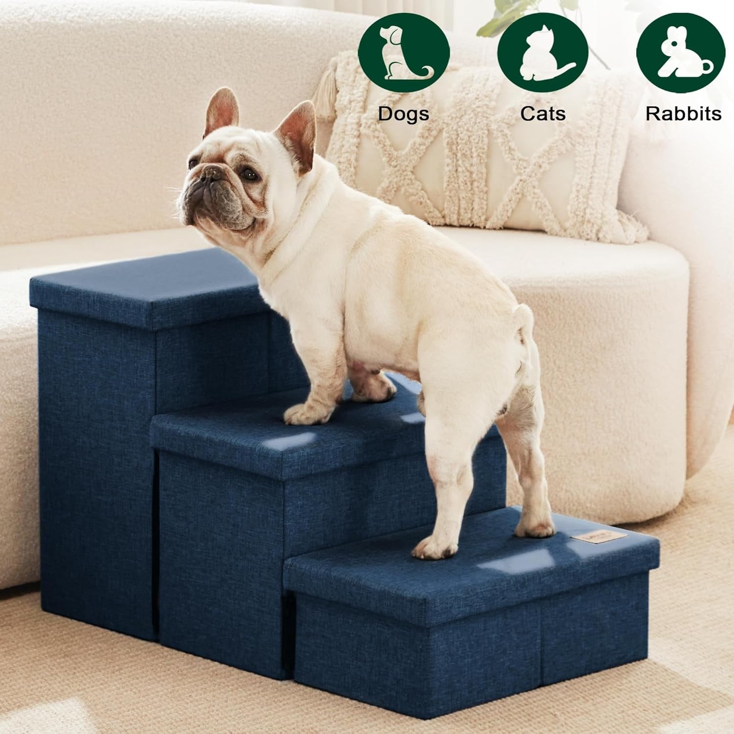 Dog Stairs 3 Step with Storage 18" High Foldable Pet Steps Navy