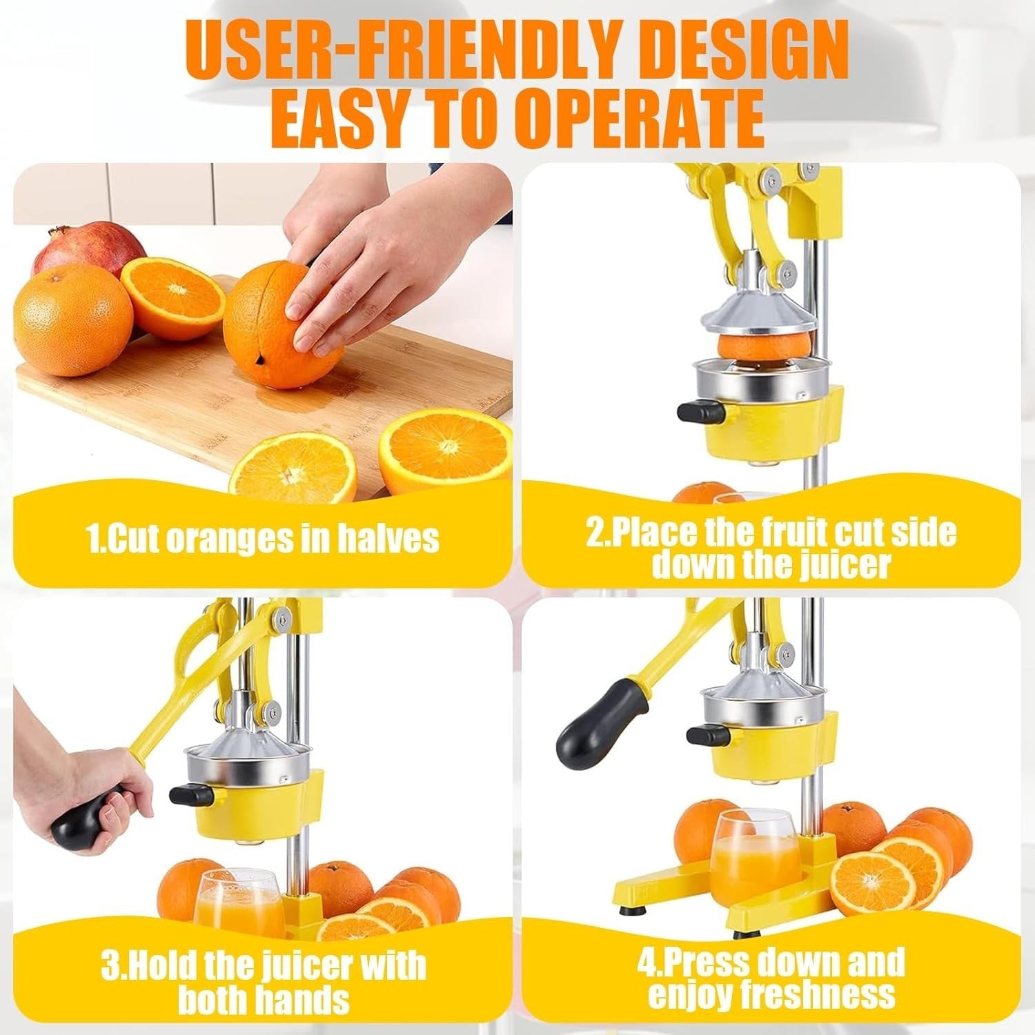 Heavy Duty Manual Citrus Press Cast Iron Juicer Easy Clean Bright Yellow