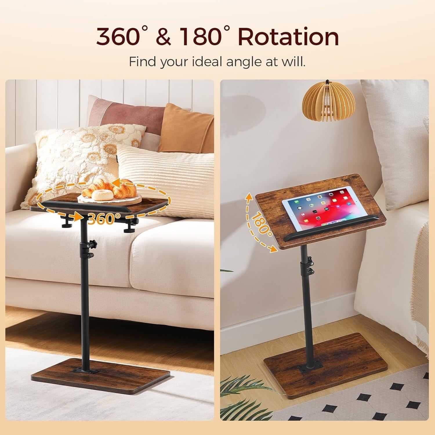 Rustic Adjustable C-Shaped Side Table 360° Rotating Tilt Top w/ Slot