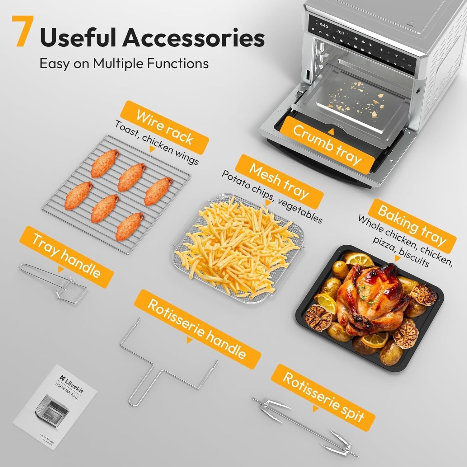 26L Air Fryer Oven Rotisserie 12-in-1 Touch LED 1700W Window 7 Accessories