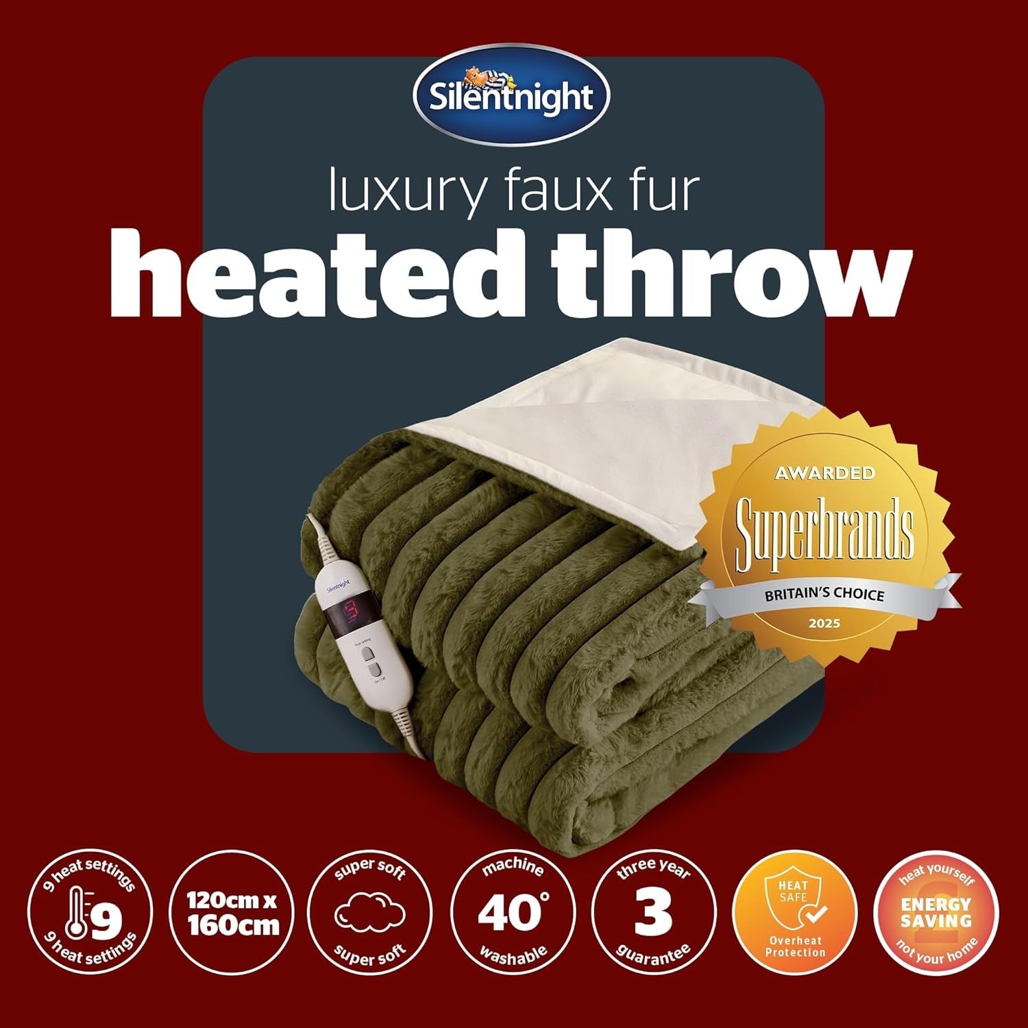 Luxury Heated Throw Blanket Faux Fur Ribbed 9 Heat Settings Washable 120x160cm