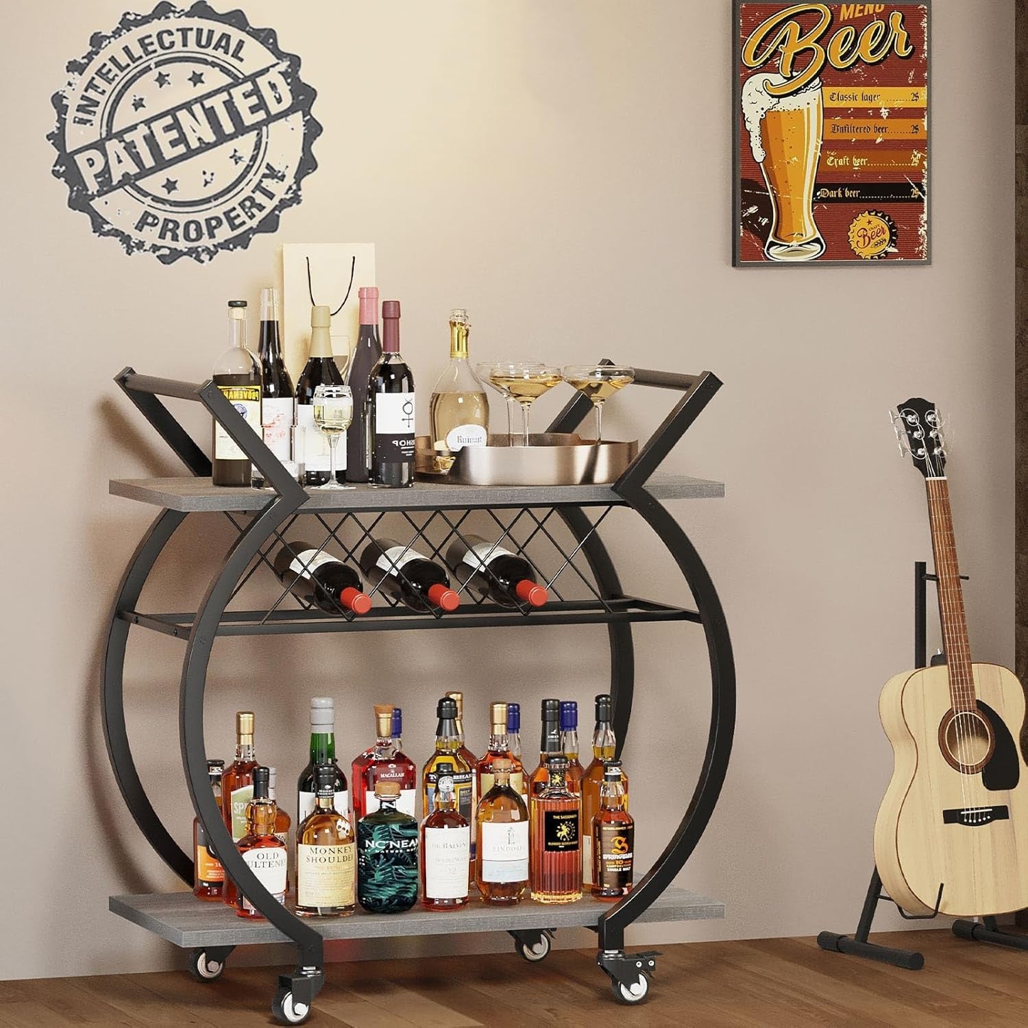 Industrial Drinks Trolley Bar Cart on Wheels Wine Rack Coffee Serving Cart