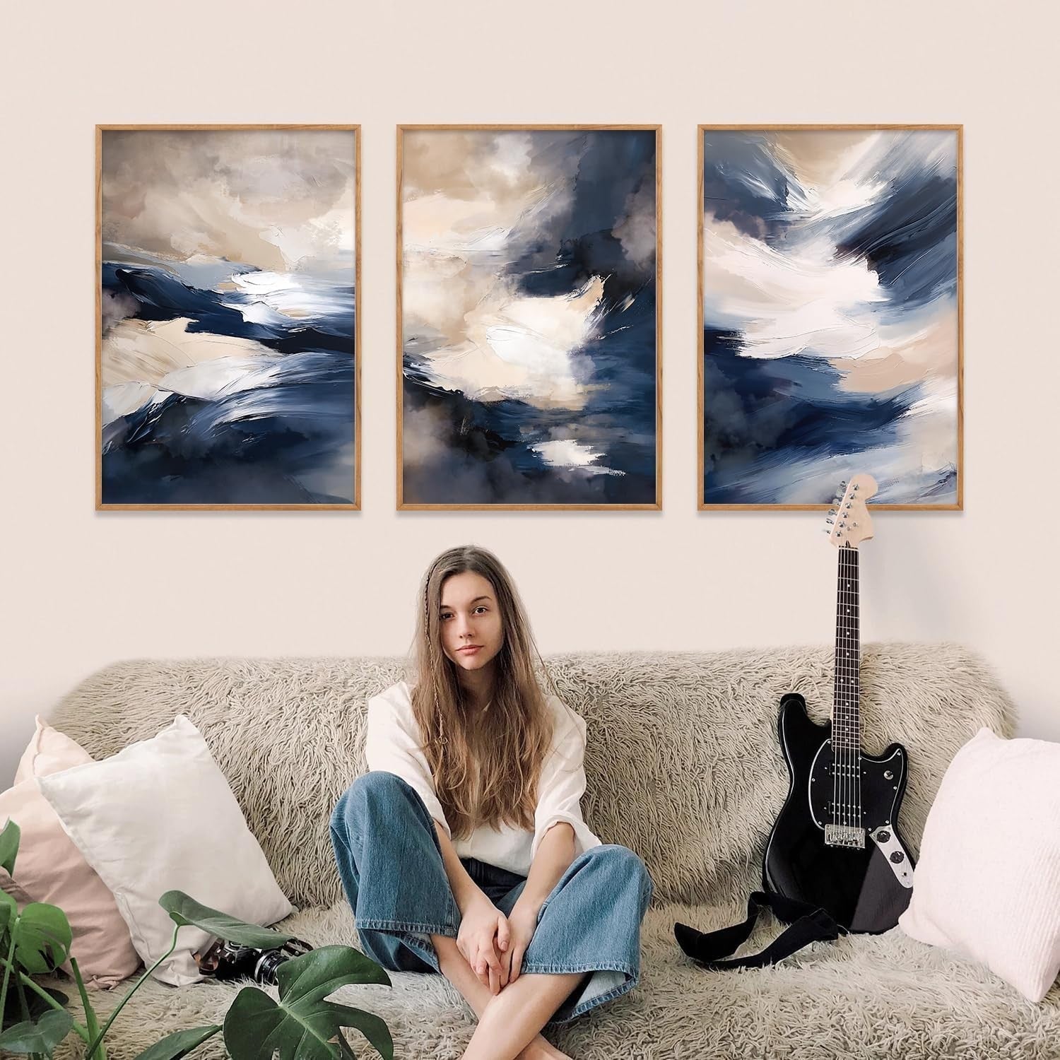 3 Panel Blue Abstract Canvas Wall Art 30x40cm Framed Set