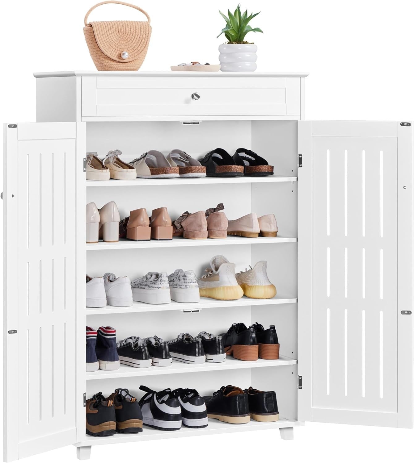 5-Tier Shoe Cabinet White with Drawer – Adjustable Shelves, Modern Storage