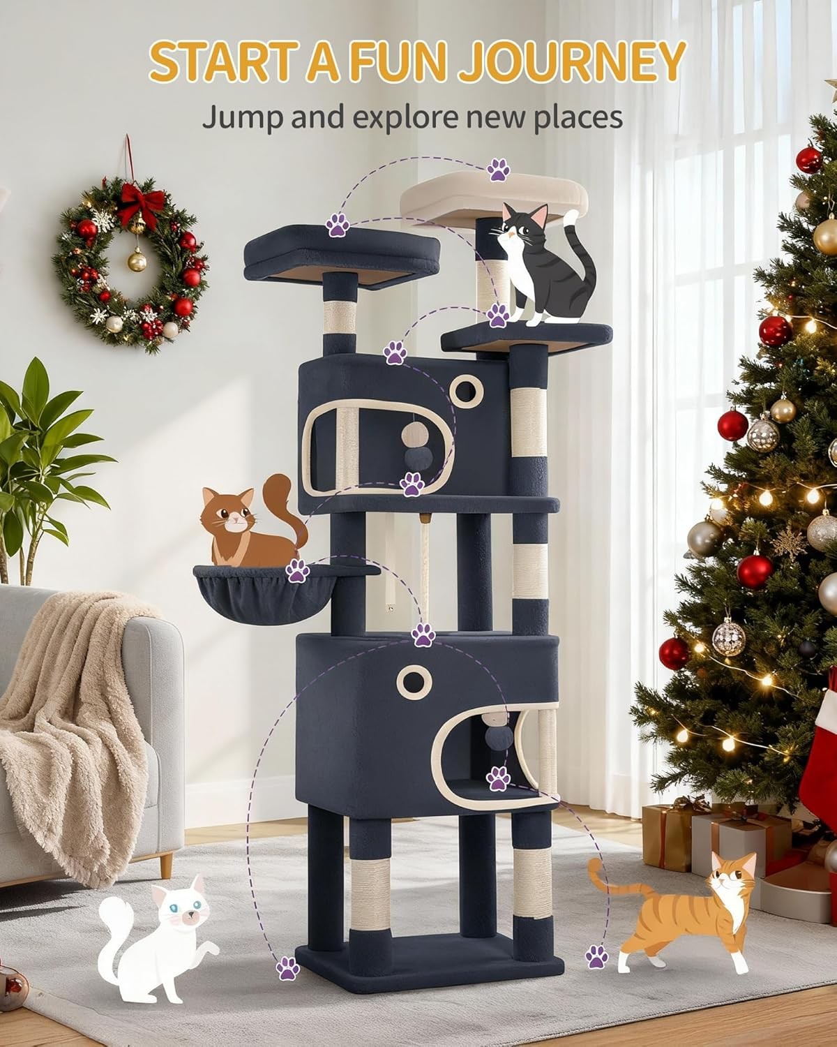 Hzuaneri 180 cm Cat Tree for Indoor Cats, Cat Tower, Multi-Level Cats Condo with