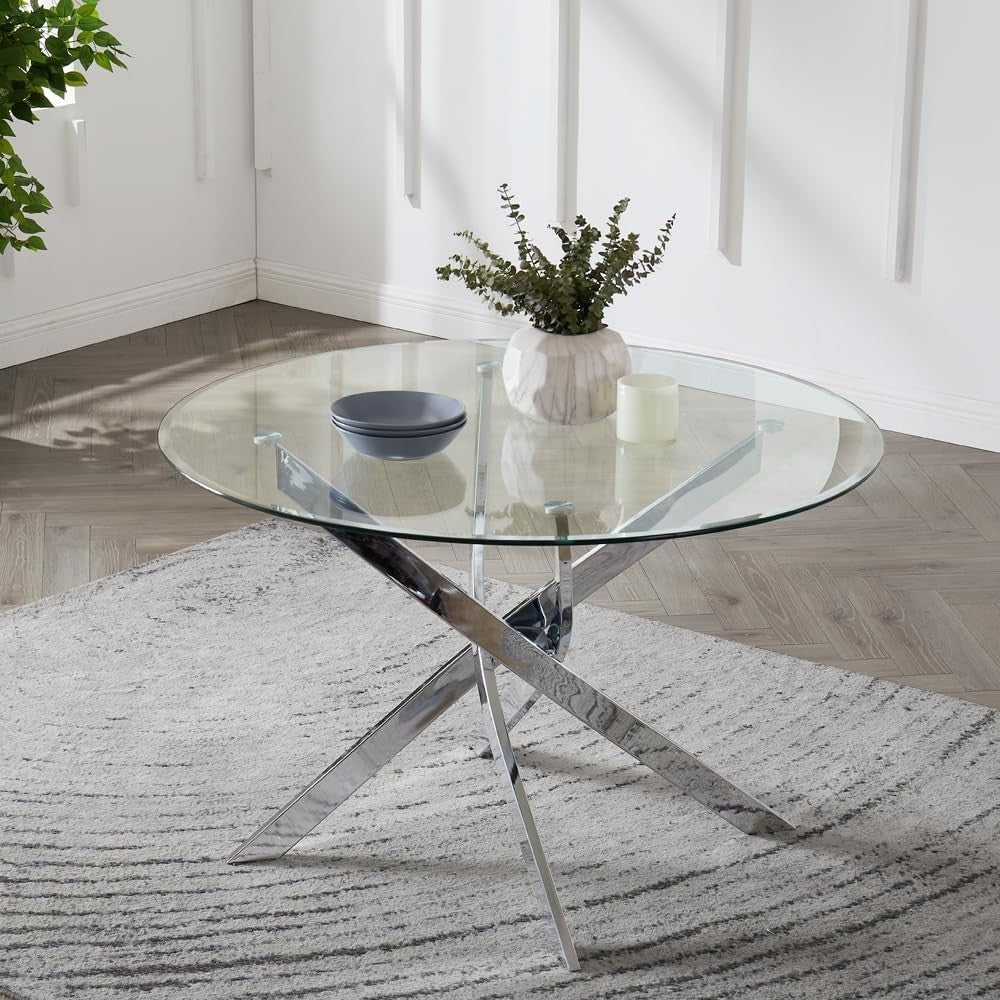 120cm Round Glass Dining Table with Chrome or Black Metal Legs 6 Seater