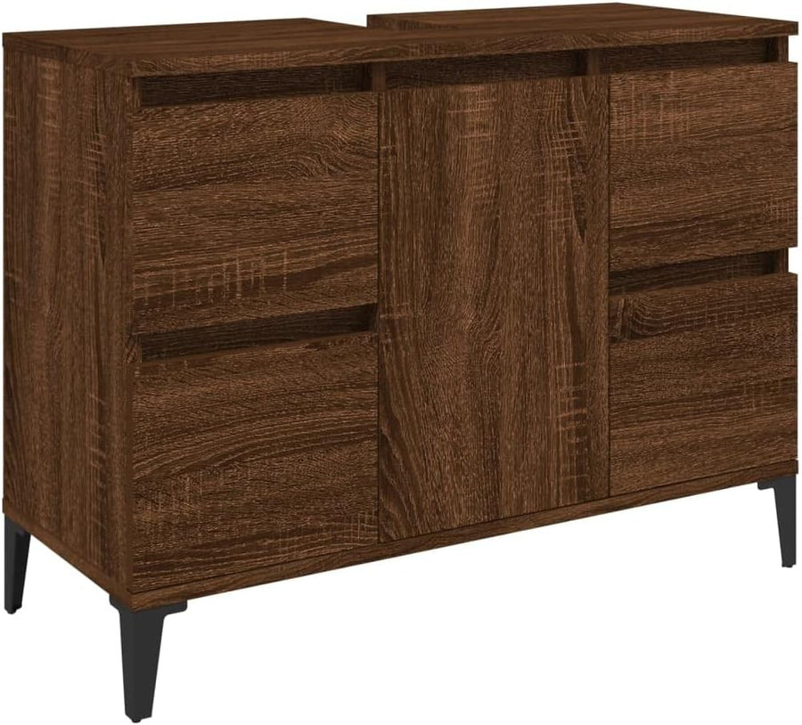 Brown Oak Under Sink Bathroom Cabinet with Drawers & Door – Industrial Vanity