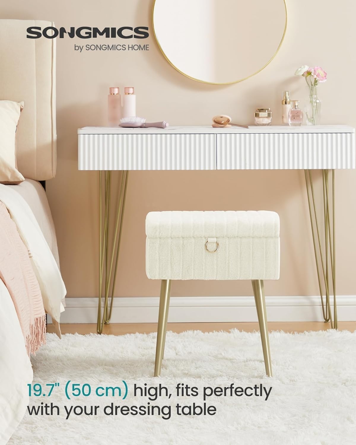 Cream White Vanity Stool with Storage Plush Seat Ottoman Rectangular Chair
