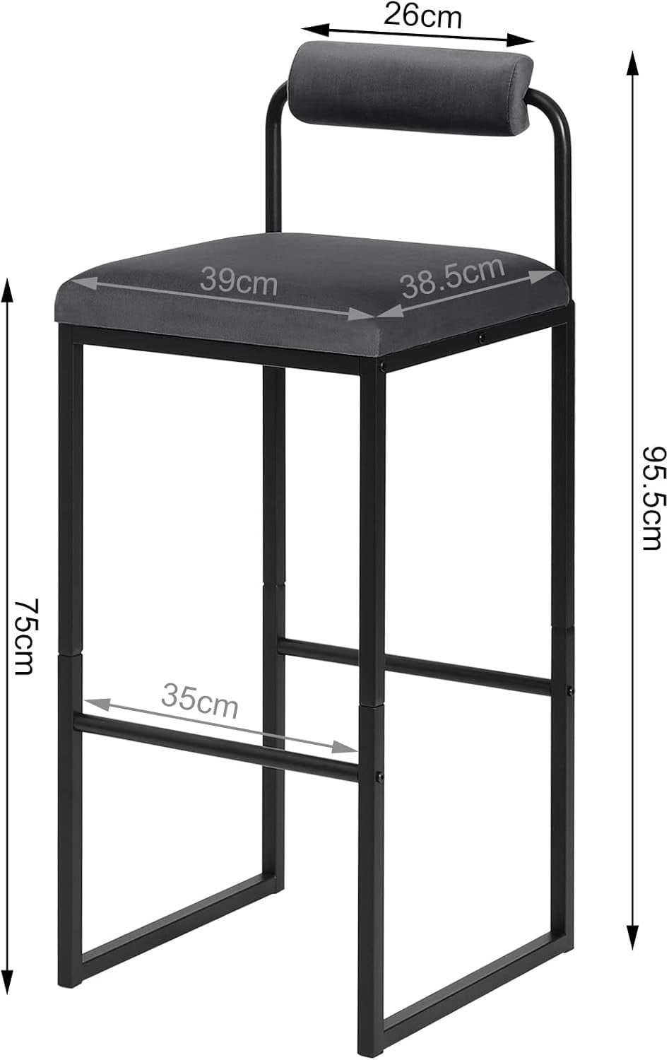 Ergonomic Velvet Bar Stool with Backrest & Footrest – Dark Grey, 95.5cm