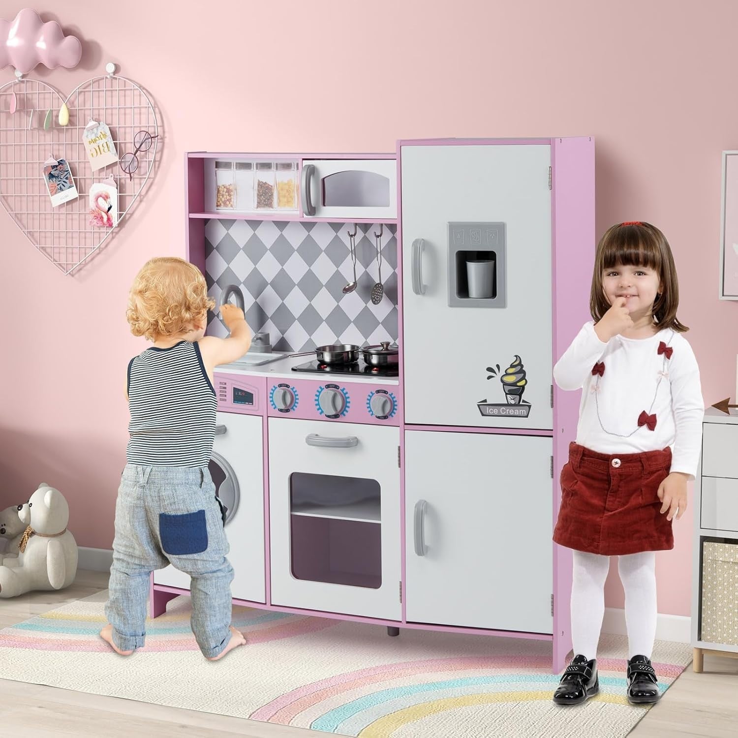 Large Wooden Kids Play Kitchen Pink White Lights Sounds Toy Set