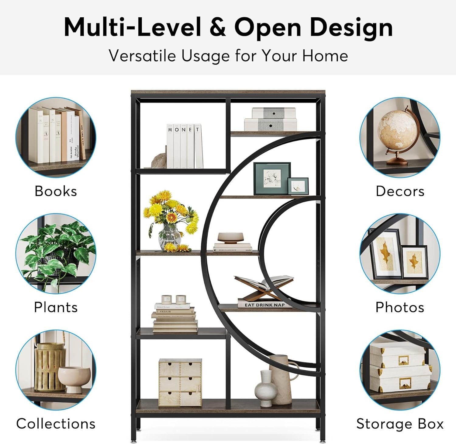 Geometric Industrial 8-Tier Bookshelf | 178cm Tall Modern Open Display Storage U