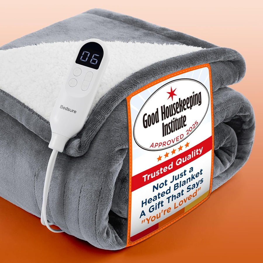 Grey Electric Heated Throw Blanket 6 Heat Levels Timer Soft Warm 130x160cm