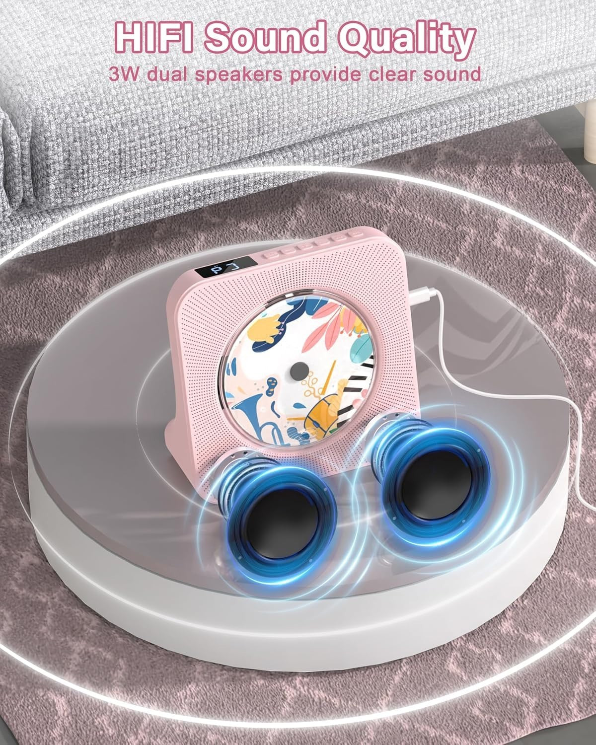 Bluetooth CD Player w Speakers FM Radio LCD Remote USB AUX Pink