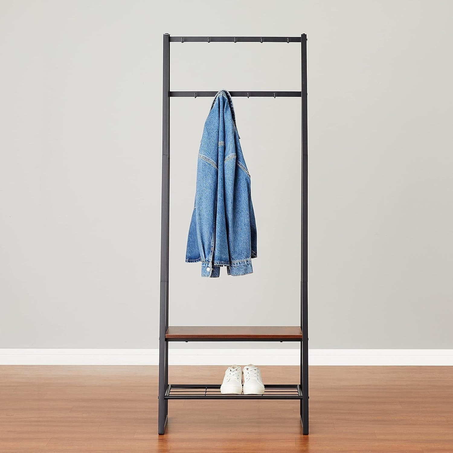 Black Coat Rack with 9 Hooks Shoe Bench & 2-Tier Storage 70x33x175cm