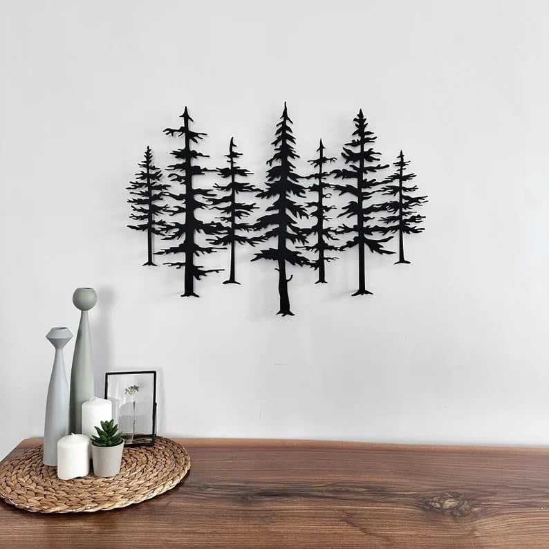 Forest Metal Wall Art Pine Tree Sculpture 60x42cm Black