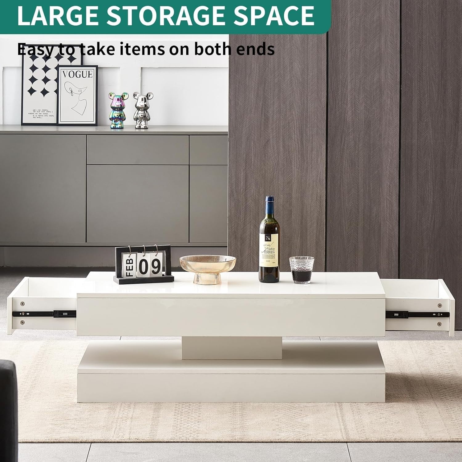 White LED Coffee Table High Gloss 2 Drawer Storage Modern Living Room