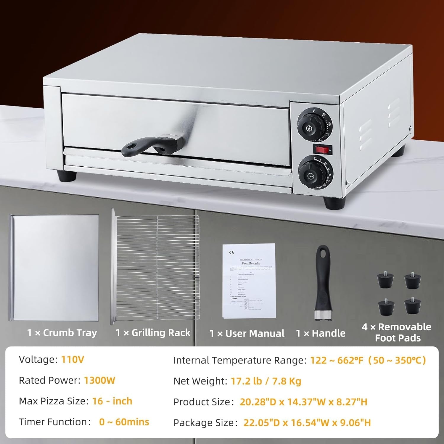 16" Commercial Electric Pizza Oven | Stainless Steel Countertop Grill 1300W