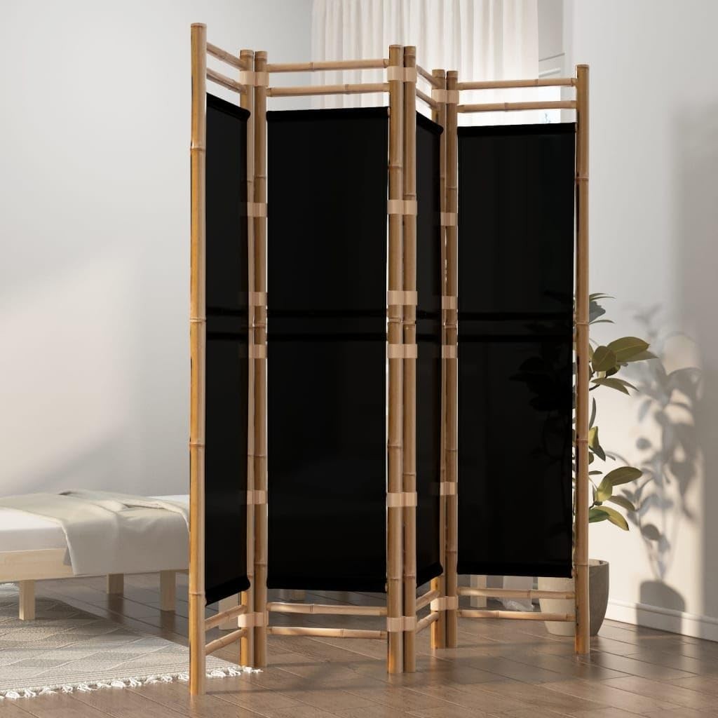 4 Panel Bamboo Folding Room Divider 160x180cm Black Canvas Privacy Screen