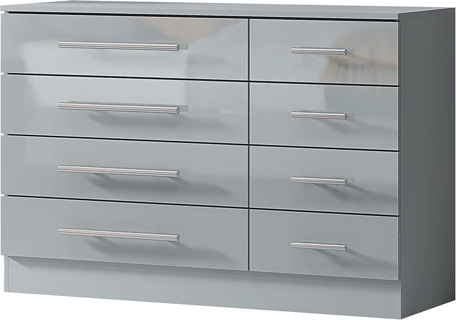 8 Drawer Grey High Gloss Chest of Drawers Modern Bedroom Storage Cabinet