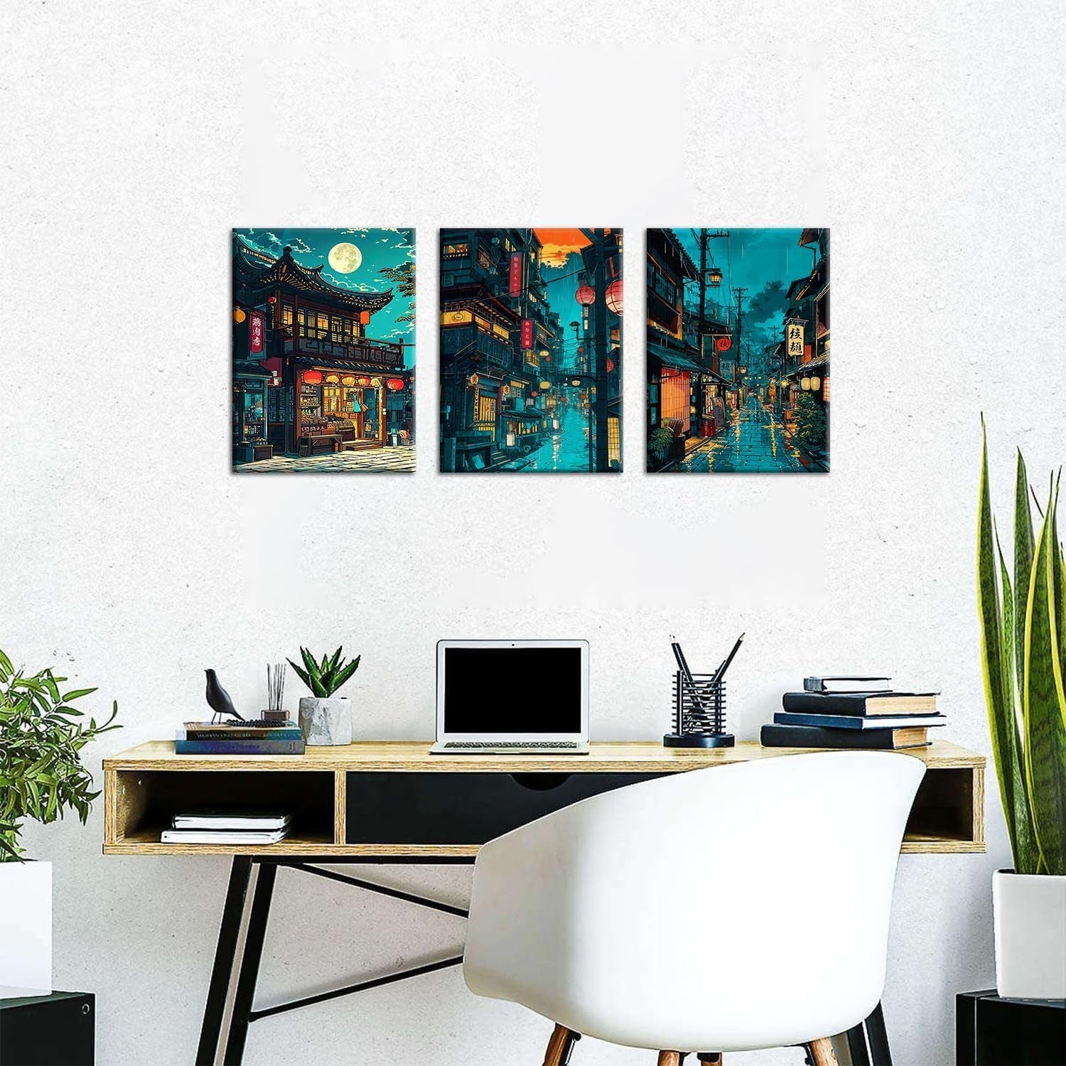 Japanese Anime Tokyo Night Wall Art Set of 3 Framed 12x16in