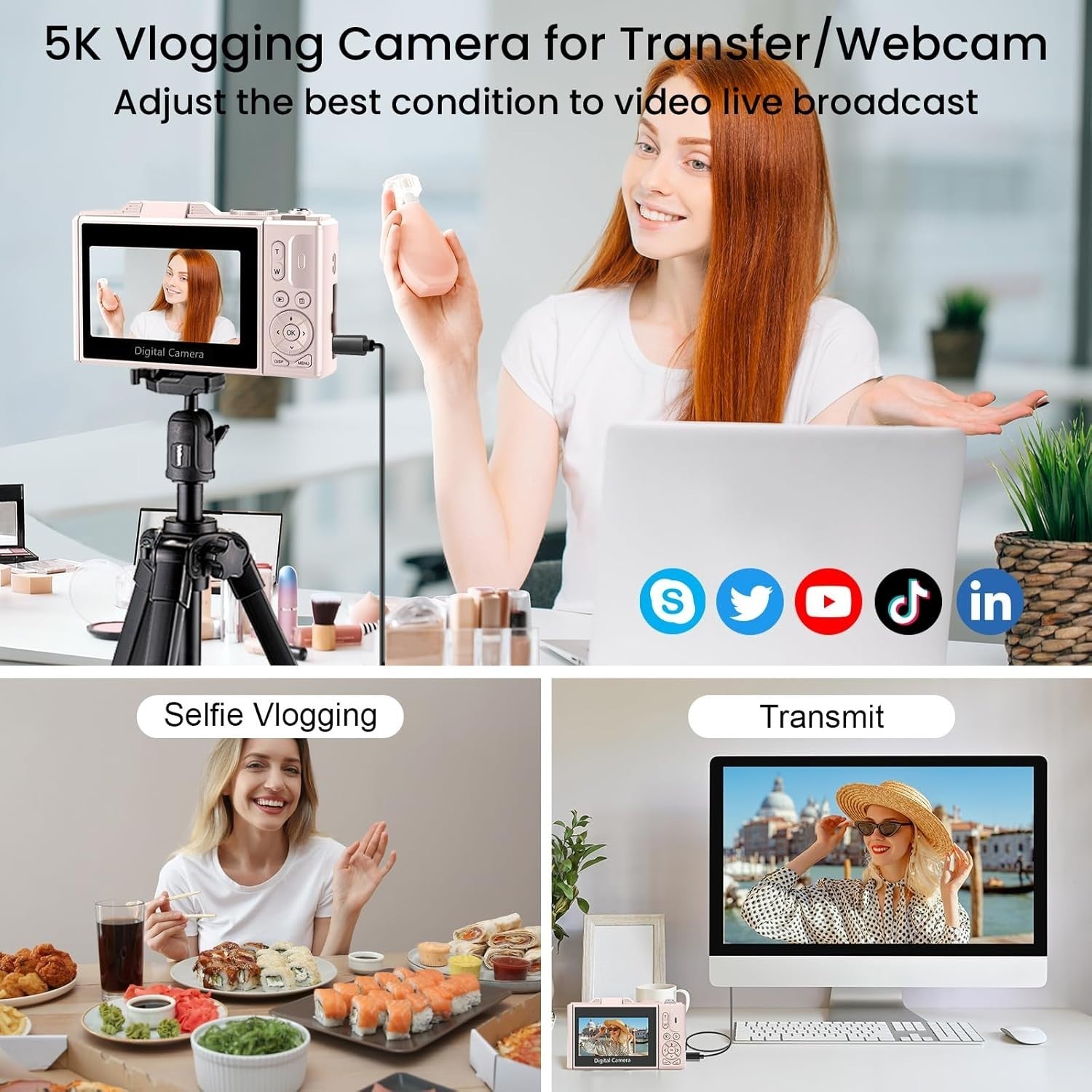 5K 75MP Vlogging Camera Flip Screen WiFi Zoom Camera Pink 64GB