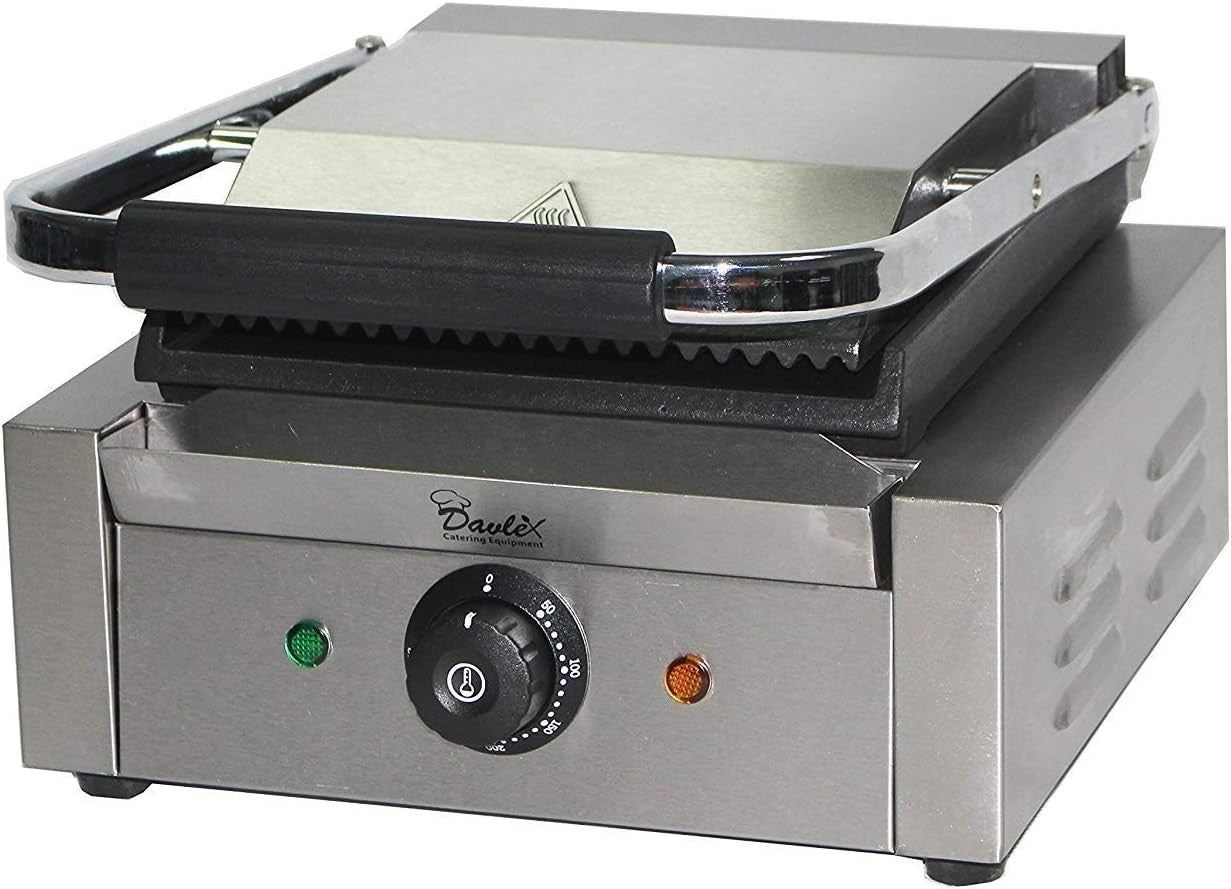 Commercial Electric Panini Press Grill Temperature Control Ribbed Flat