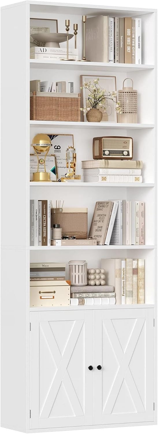 Tall White 7-Tier Bookcase with Doors Modern Storage Cabinet Adjustable Shelves