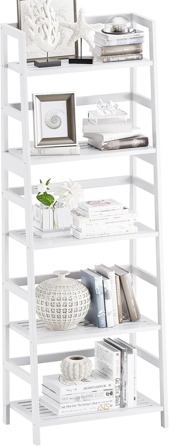 White 5-Tier Bamboo Ladder Bookcase, Heavy Duty Tall Display Storage Shelf