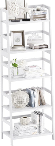 White 5-Tier Bamboo Ladder Bookcase, Heavy Duty Tall Display Storage Shelf