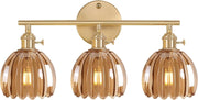 3-Light Amber Glass Wall Sconce Vanity Light Brass Fixture for Bathroom
