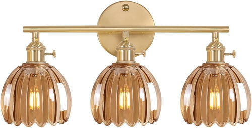 3-Light Amber Glass Wall Sconce Vanity Light Brass Fixture for Bathroom