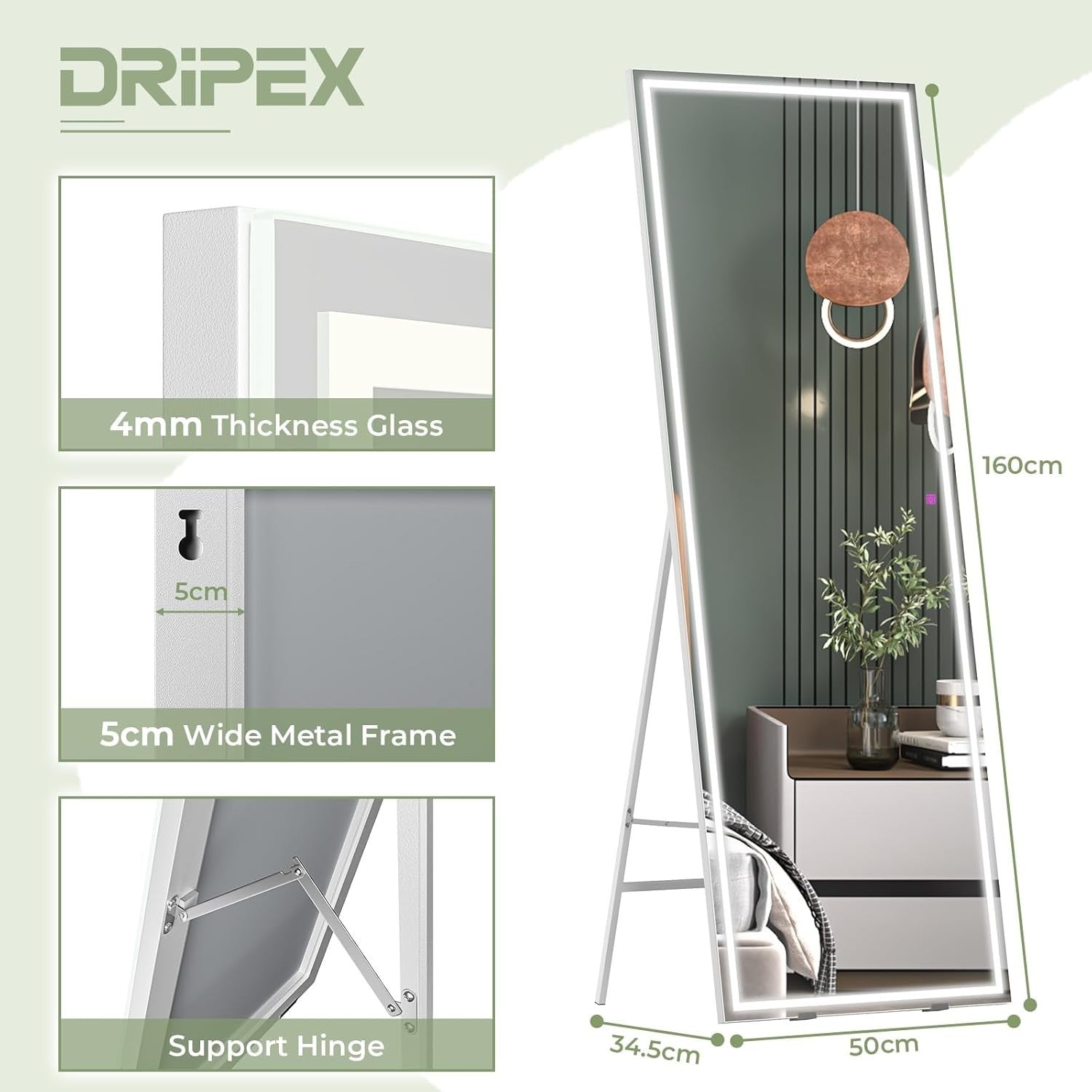 LED Full Length Mirror 160x50cm Wall Leaner with Dimmable Touch Light