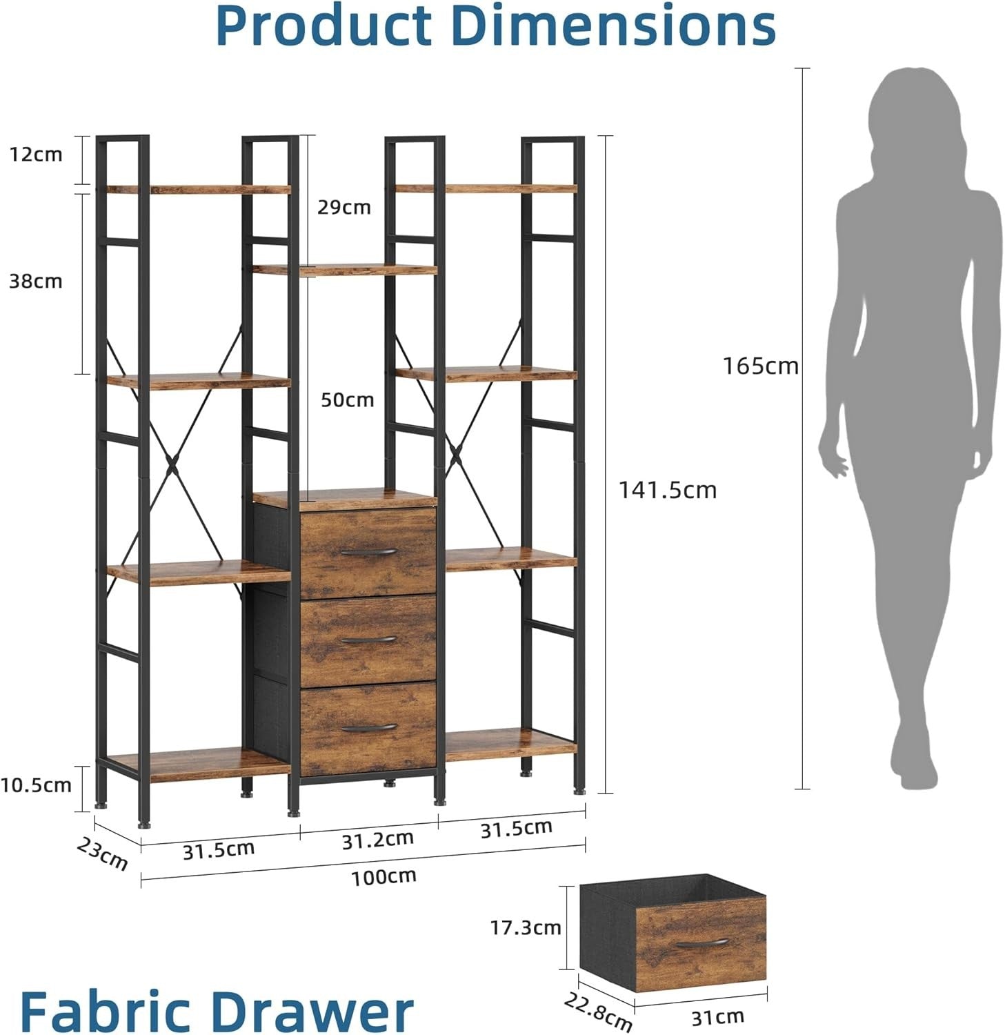 100cm Wide 4-Tier Tall Bookcase with 3 Fabric Drawers Industrial Storage Unit