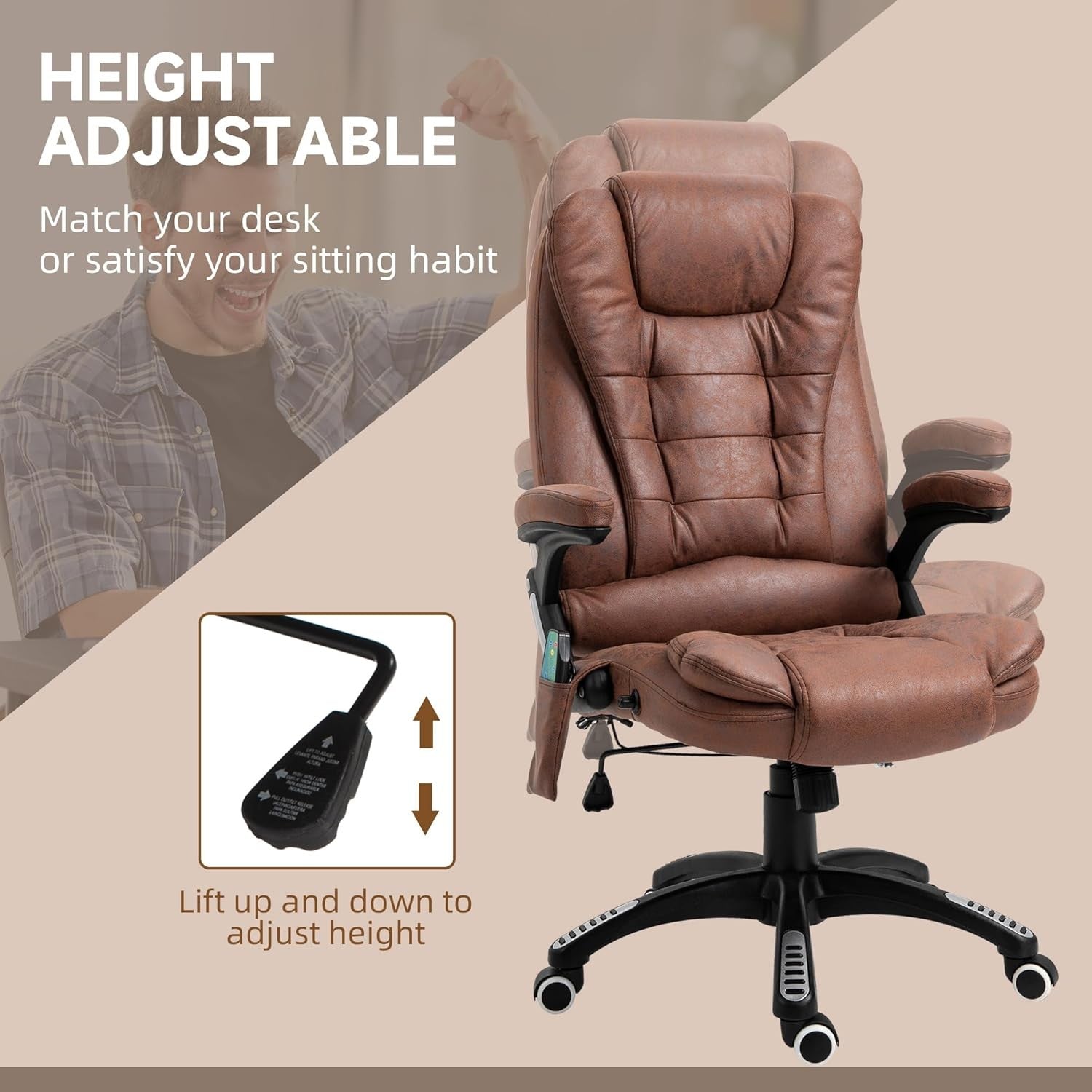 Heated Massage Office Chair 6 Point High Back Microfiber Brown