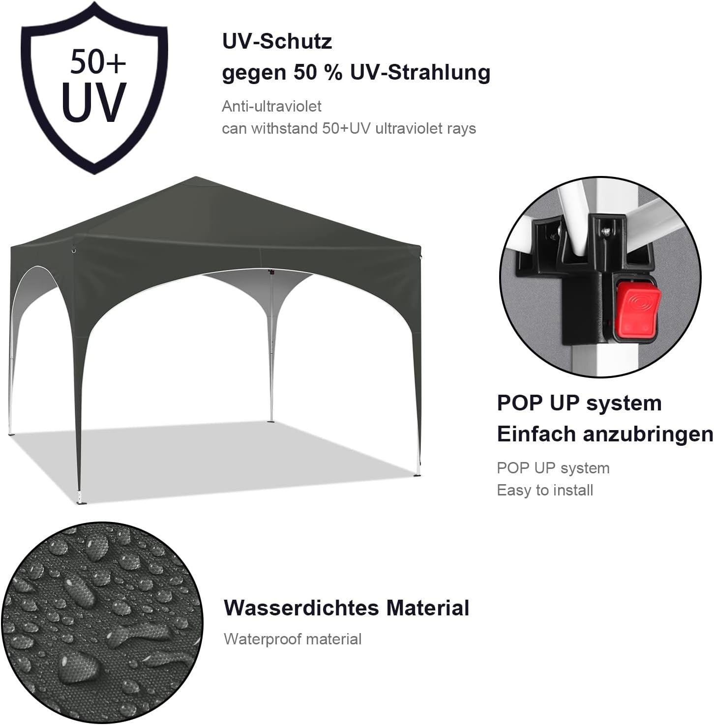 3x3M Pop-Up Gazebo Folding Event Tent Waterproof UV-Protected Grey