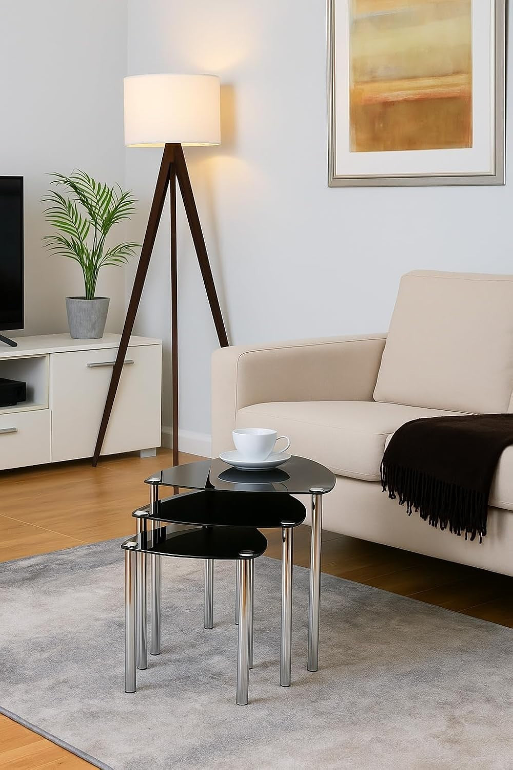 Set of 3 Black Glass Triangle Nesting Tables Chrome Steel Frame Home Decor