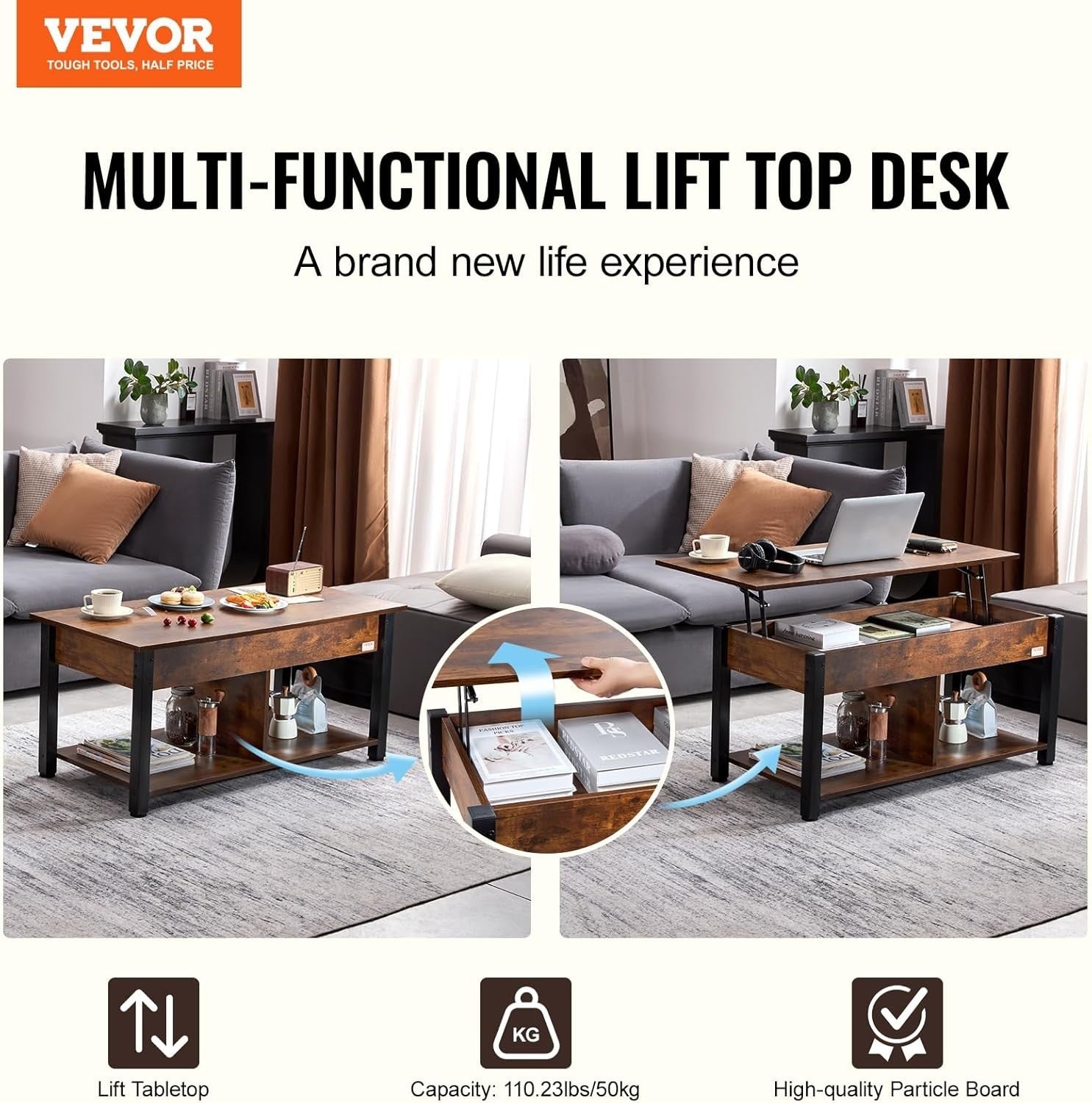 Lift Top Coffee Table with Storage, Adjustable Pop-Up Wood Table 106cm