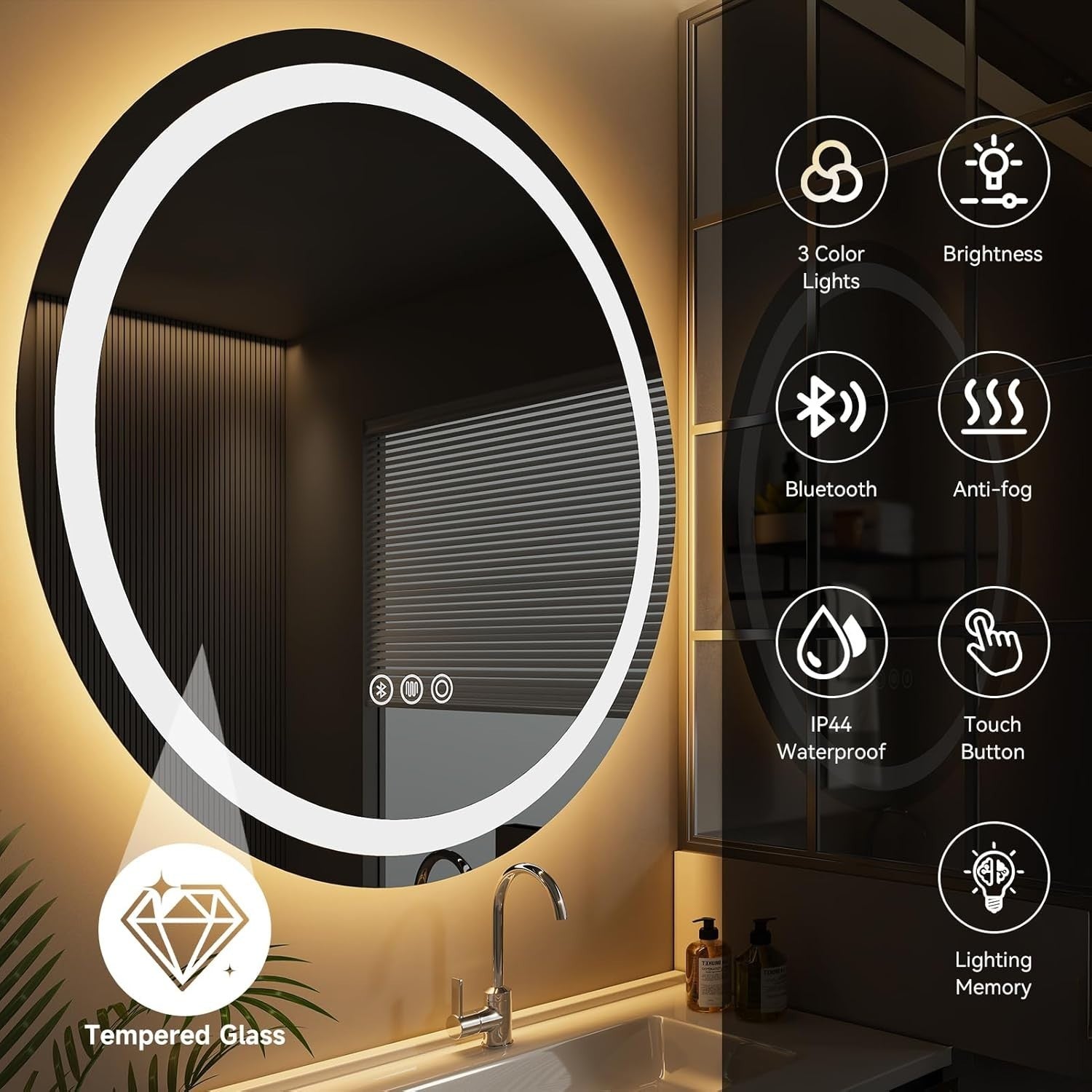 600mm LED Bathroom Mirror Round Bluetooth Speaker Anti-Fog Touch Light