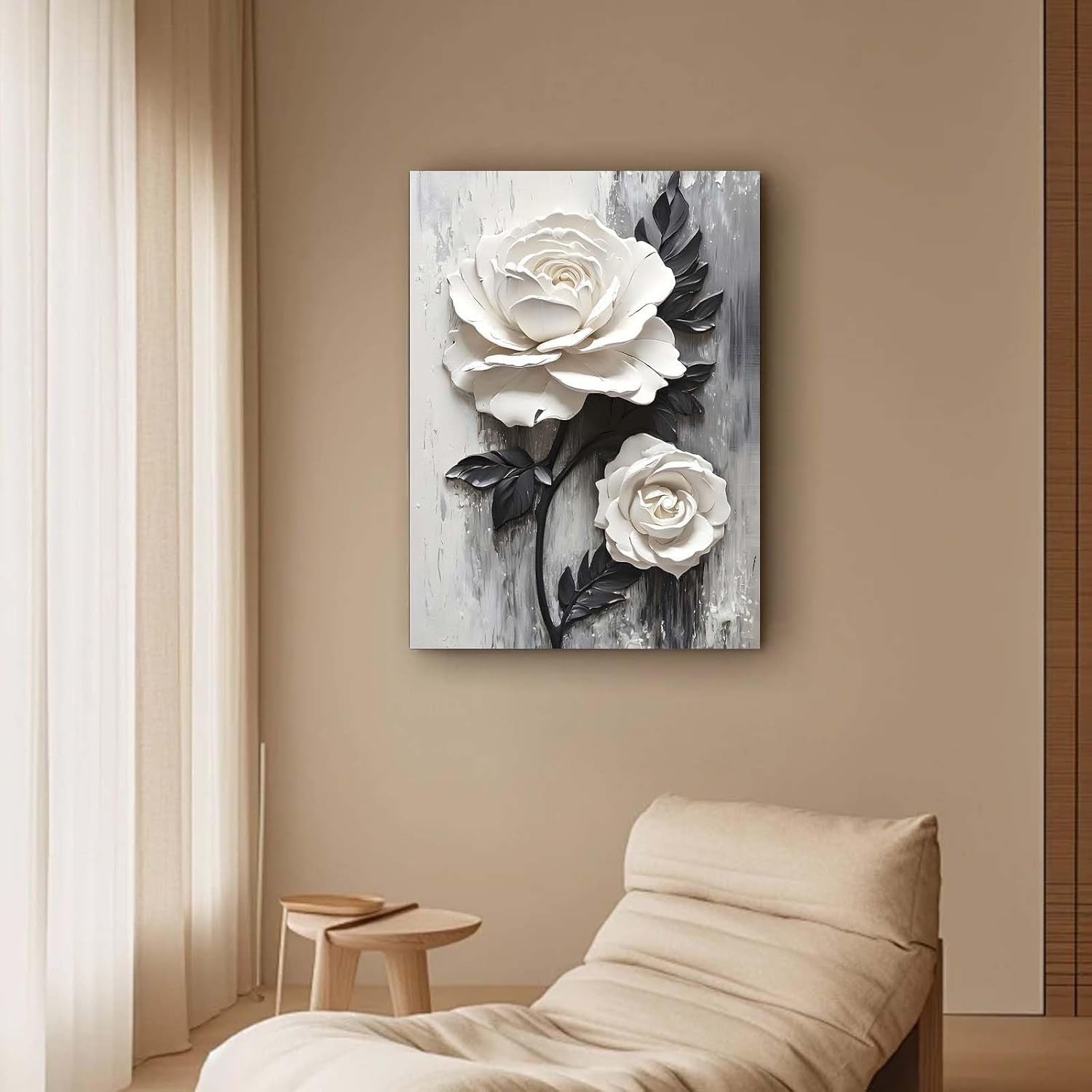 White Rose 3D Floral Canvas Wall Art 12x16 Framed Modern Bedroom Decor